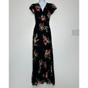 XIX Palms Maxi Wrap Dress Black Floral Size XS Ruffle Hawaiian